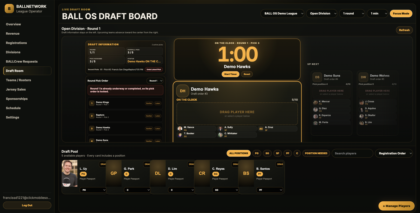 BALL OS Draft Room snapshot showing draft board, pick timer, draft pool, team pick order, and drag-and-drop player cards