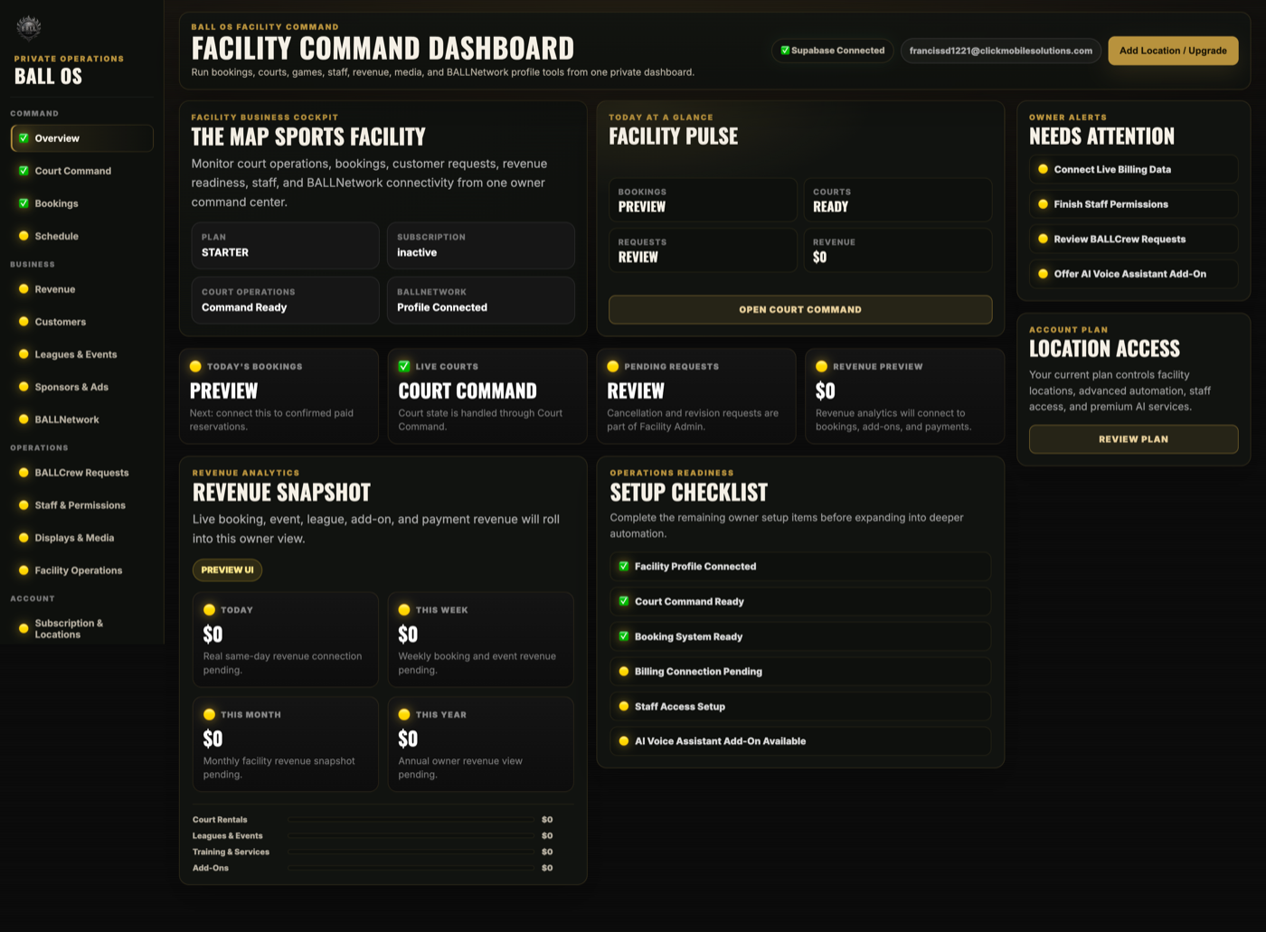 BALL OS Facility Command Dashboard snapshot showing facility pulse, revenue preview, setup checklist, and owner alerts