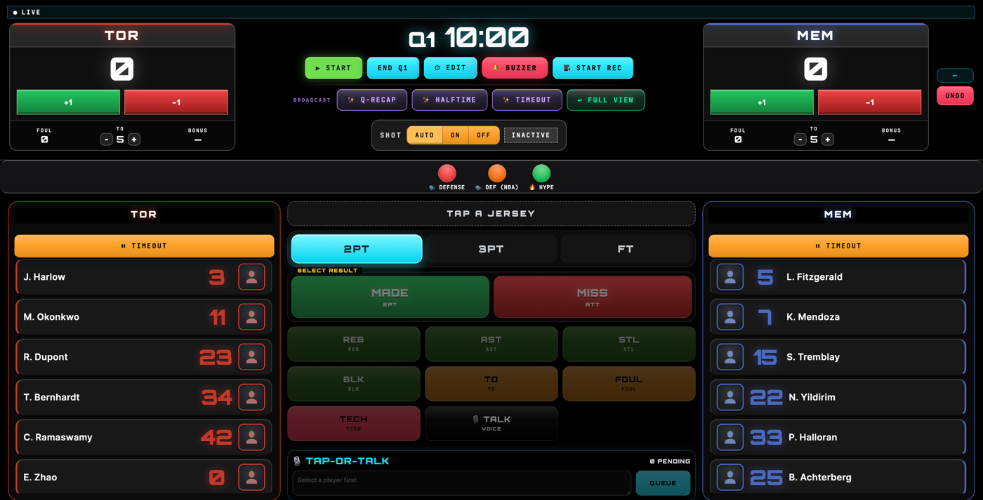 BALL OS scorer tablet snapshot showing how official game events become verified Player Passport stats